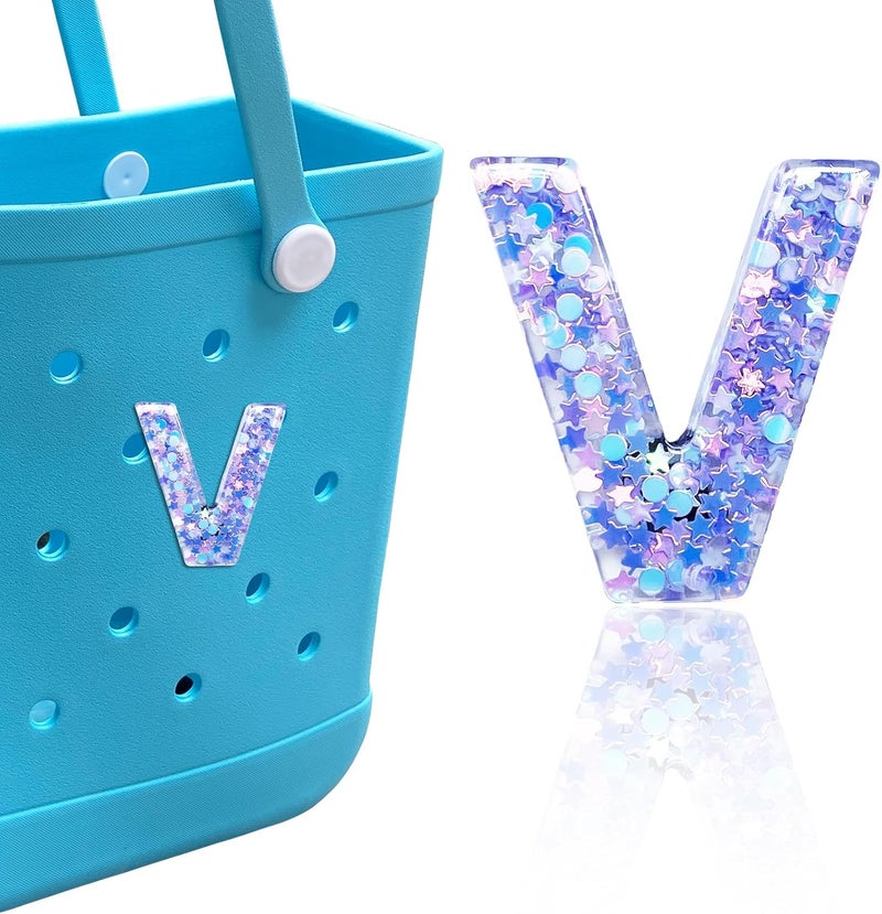 HLUWA Letter Charms for Bogg and Simply Southern Bags - Alphabet Purple Star Sequin Lettering Accessories - Insert Decorative Letters for Handbag Beach Tote - Image 1